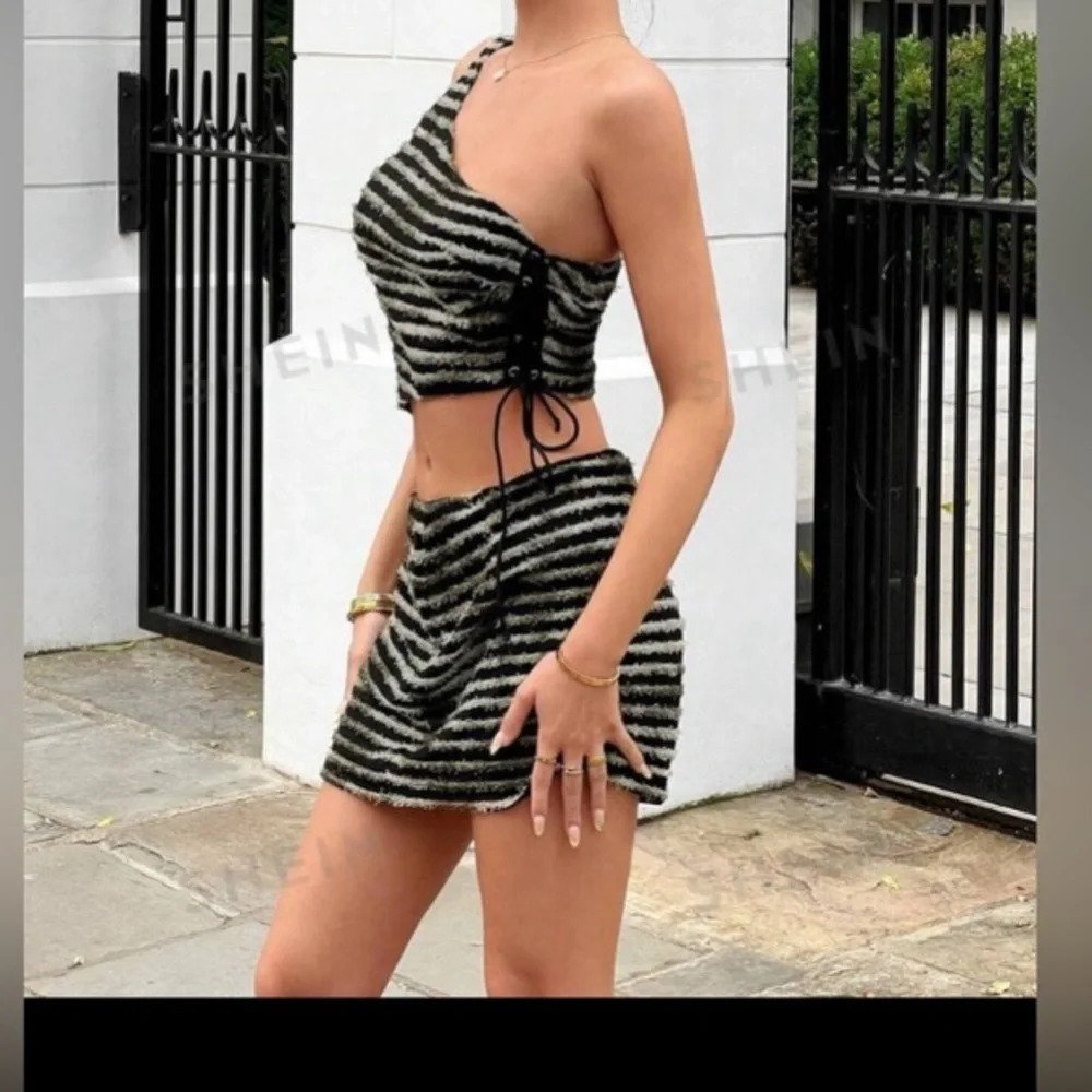SHEIN ICON Striped One Shoulder Drawstring Side Crop Top & Skirt size M NWT - Picture 8 of 15